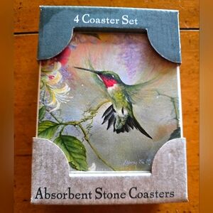 New Hummingbird Absorbant Stone Coaster Set W/Stand